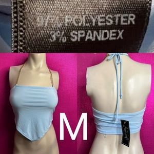 🆕Baby Blue Halter Gold Chain Strap Jewelry Fashion Crop Top~Size M